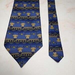 Windsor 100% Pure‎ Silk Mens Necktie Made in India Blue Gold Fan Pattern